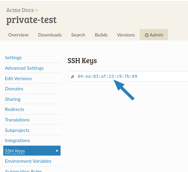A screenshot of the SSH Keys admin page.
