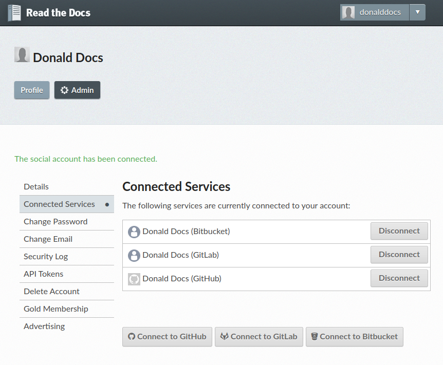 Screenshot of Read the Docs "Connected Services" page with multiple services connected