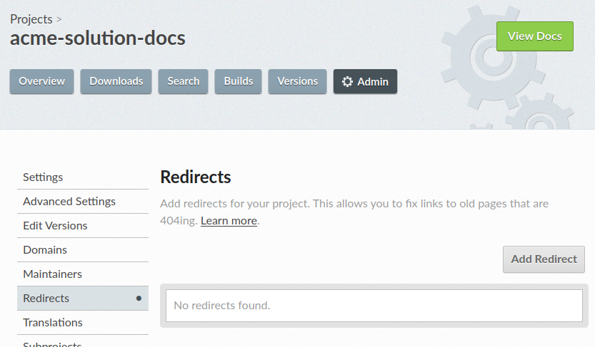 Screenshot of the Redirect admin page