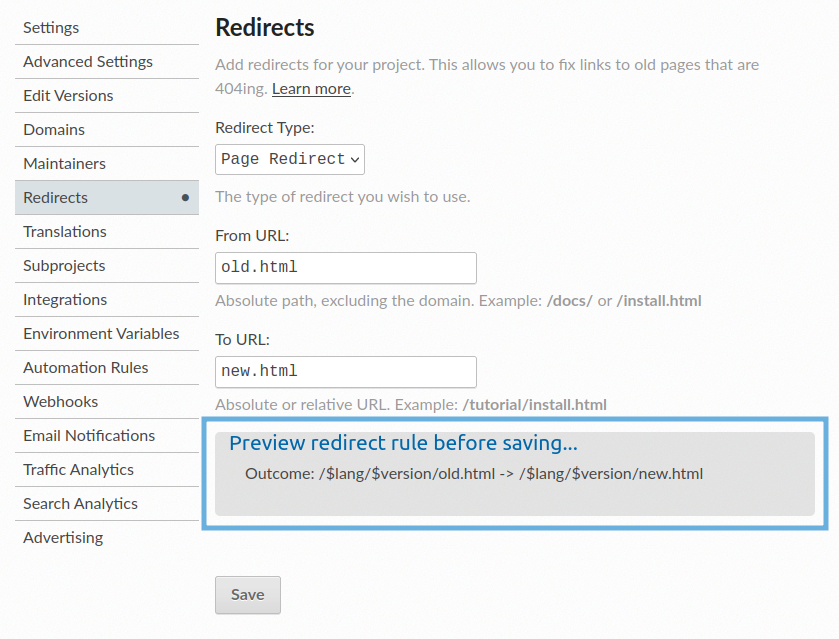 Screenshot of the Redirect "Add Redirect" form